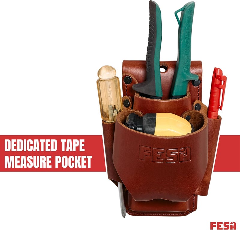 fesa Small Leather Tool Pouch - 4-in-1 Heavy Top Grain Leather Small Tool Pouch with a Tape Measure Holder, 3 Pockets & Reinforced Heavy Duty Rivets - Fits Belts up to 3" - Handcrafted - Image 3